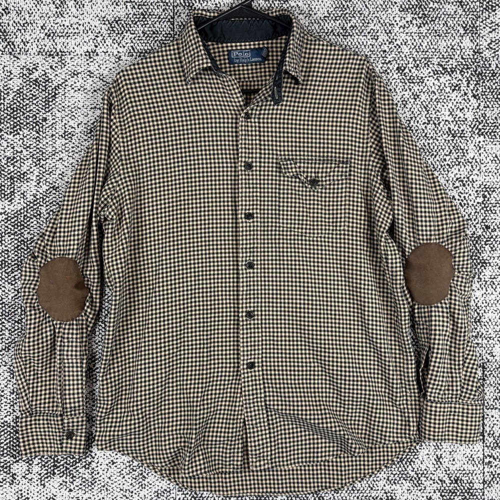 Vintage Polo Ralph‎ Lauren Flannel Shirt Mens Large Yellow Gingham Elbow Pads